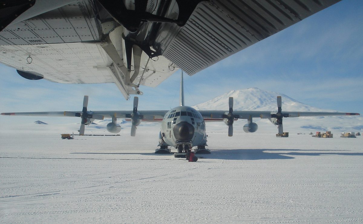 A ski-equipped aircraft on the Antarctic ice
