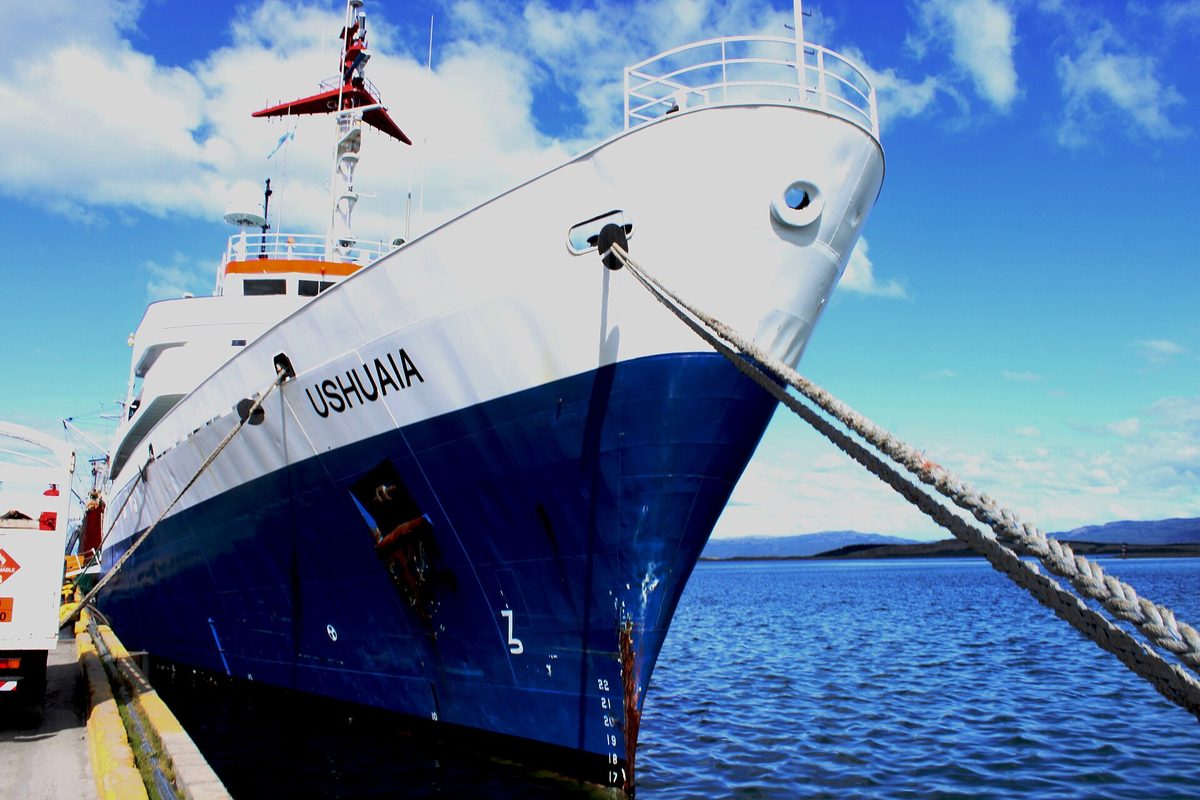 Small expedition vessel near the Antarctic Peninsula