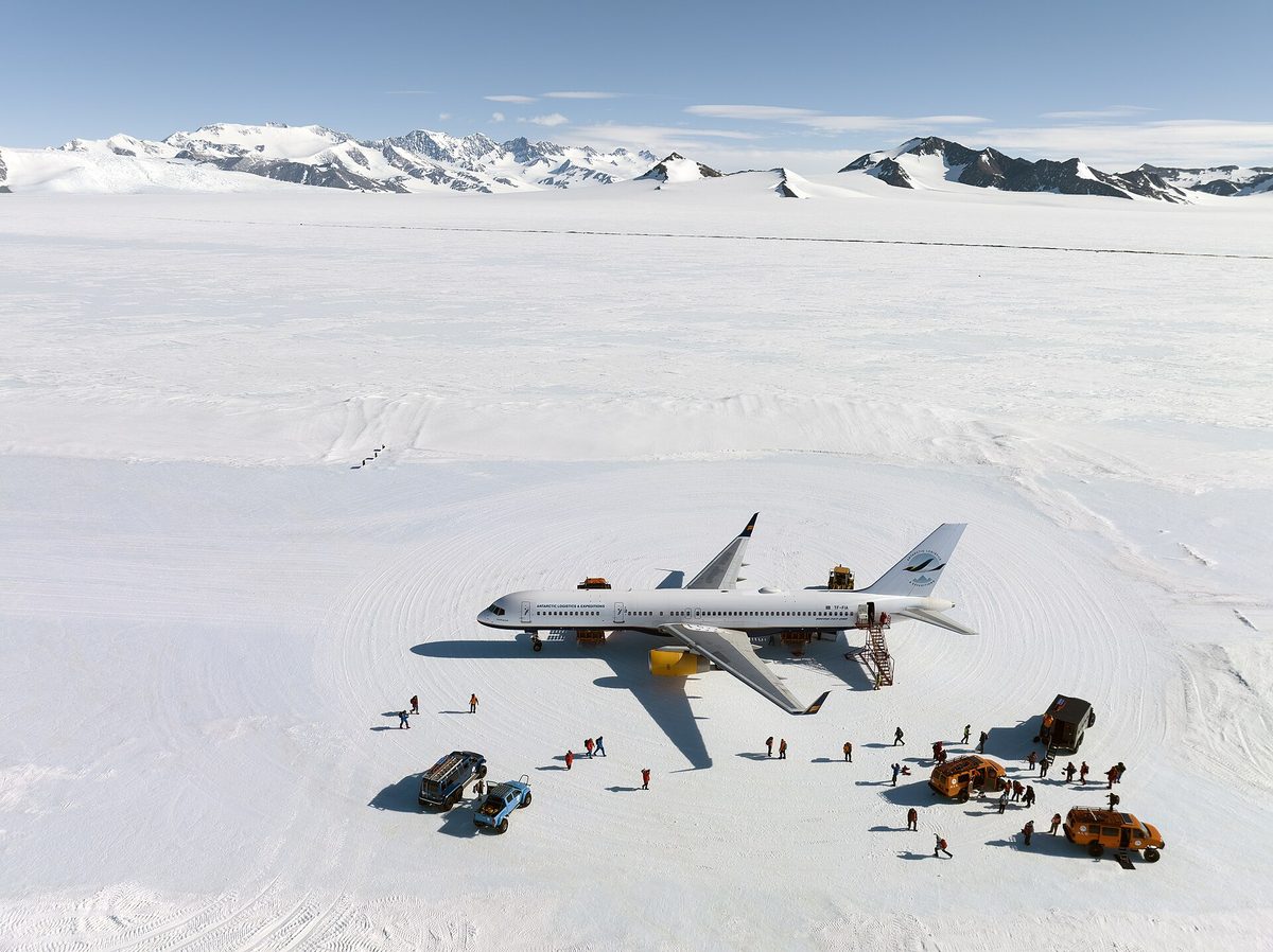 A wheeled jet on the blue-ice runway at Union Glacier, Antarctica