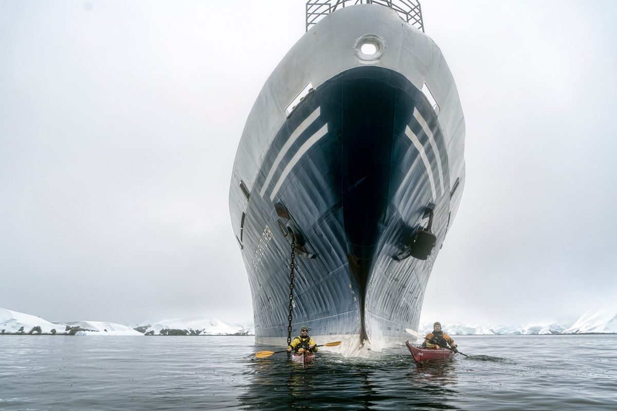 A guided sea kayaking group paddling past ice in calm Antarctic water