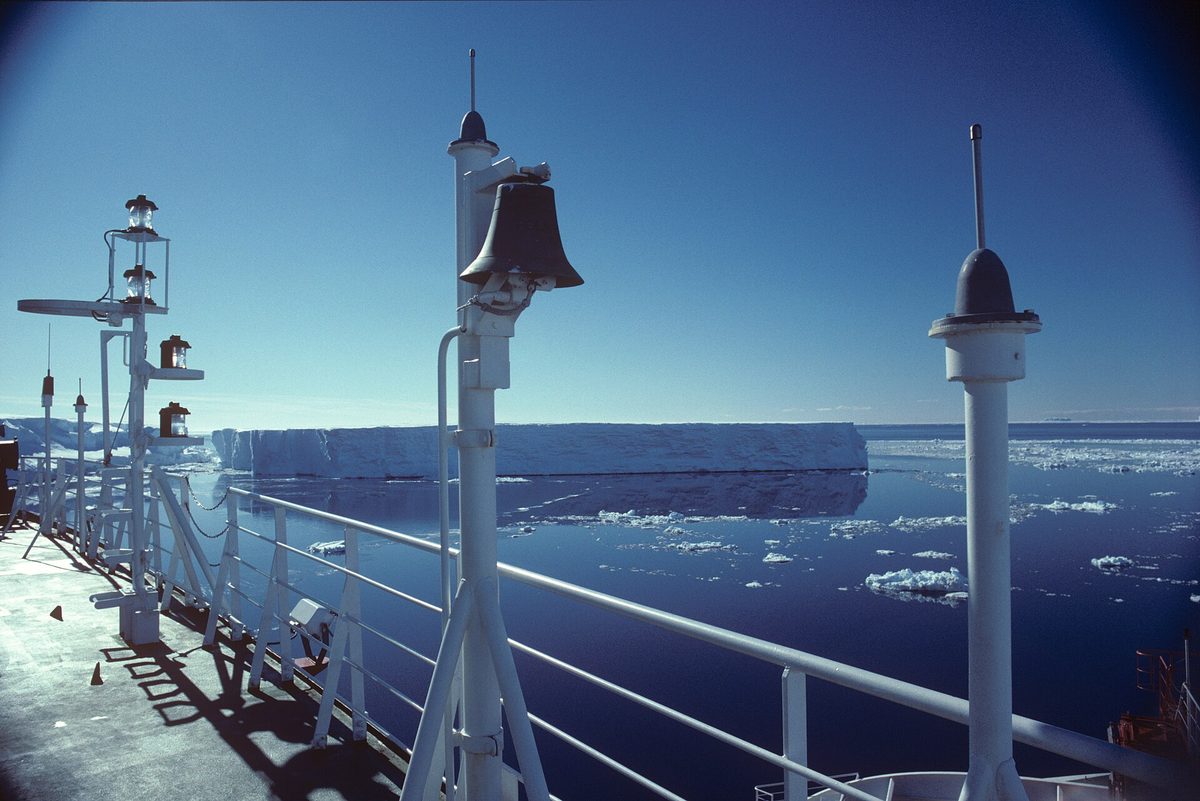 An expedition research ship in Antarctic waters