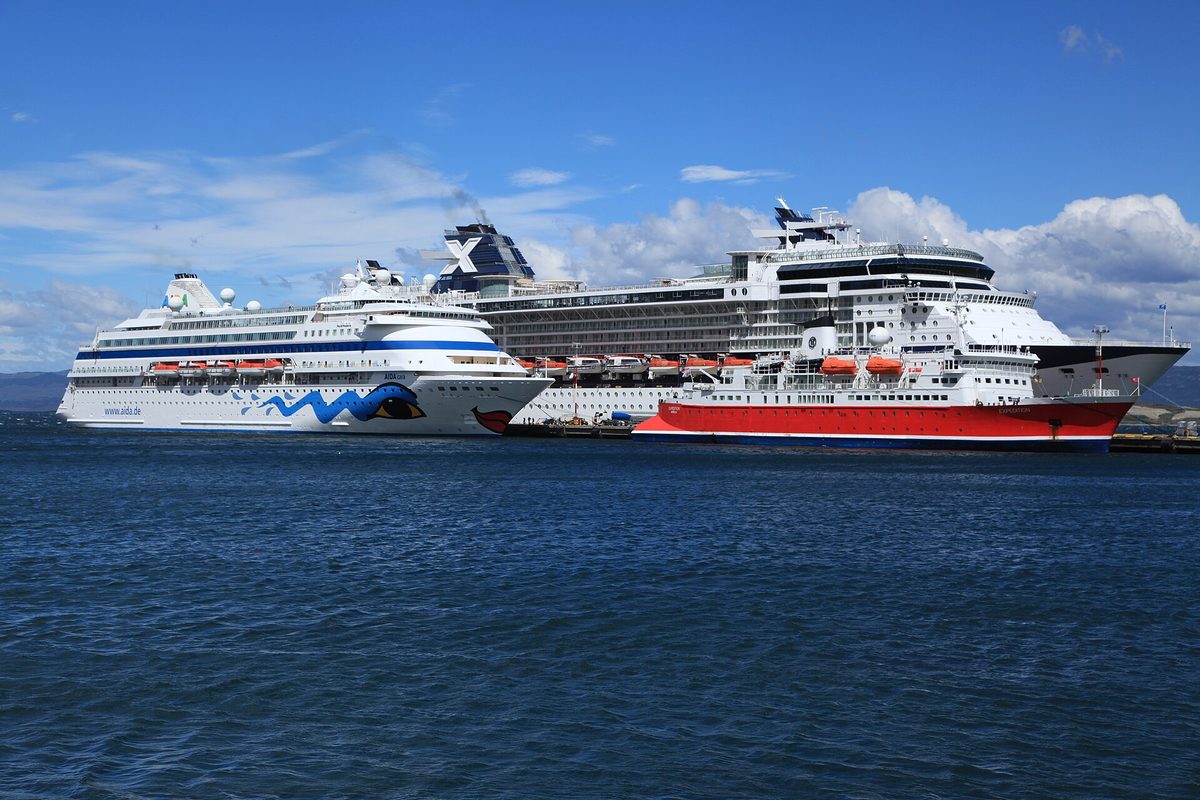 An expedition cruise ship at Ushuaia before an Antarctic voyage