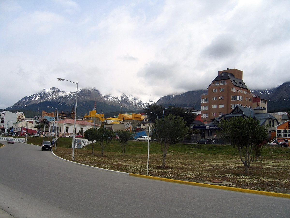 The town of Ushuaia, Argentina, the southernmost city and main gateway to Antarctica, below snow-capped mountains