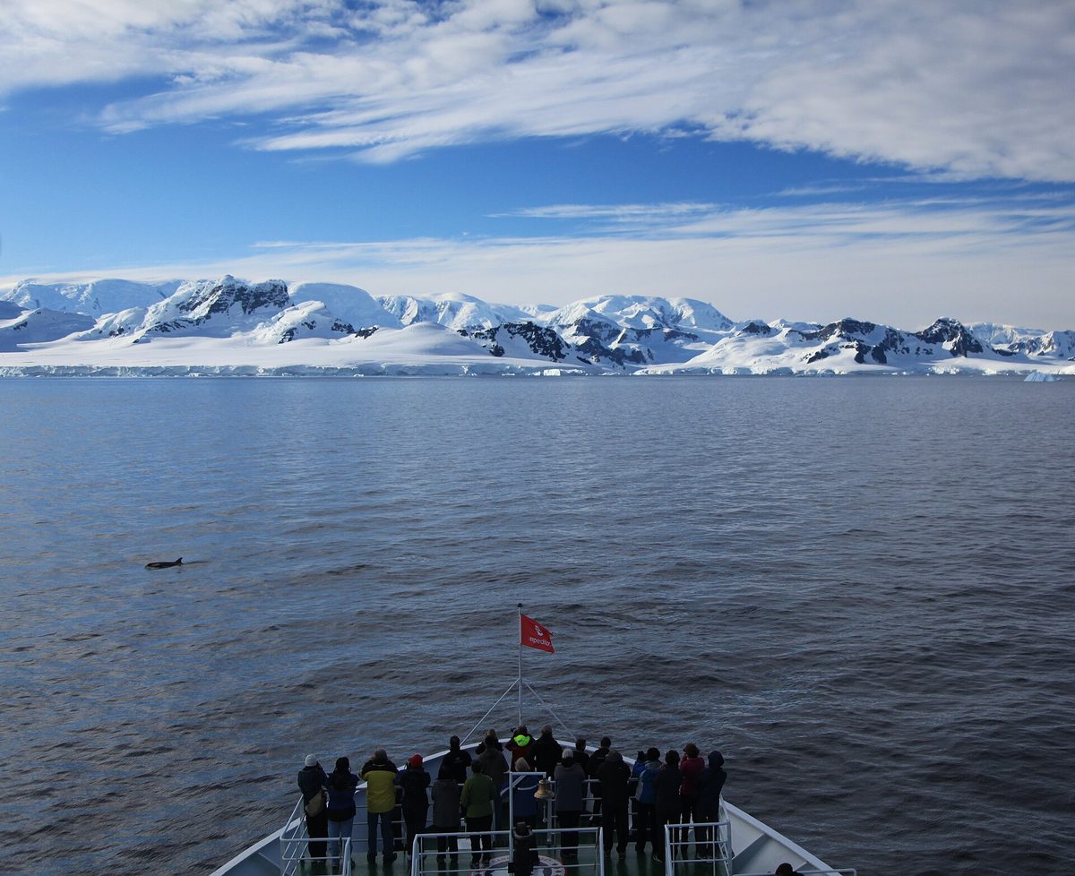 Expedition travelers aboard ship in Antarctica