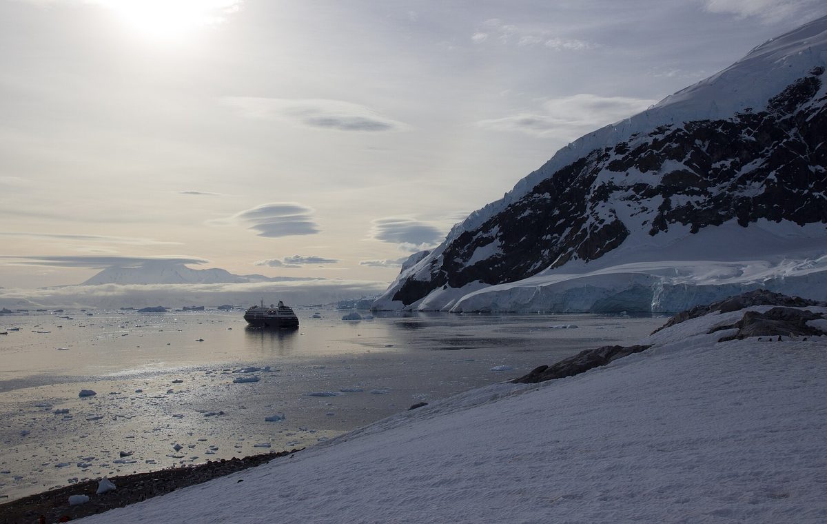 An expedition ship in Antarctic waters
