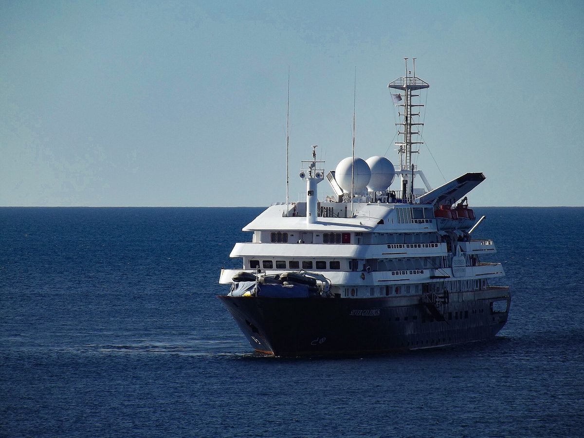 A luxury expedition ship at sea on an Antarctic voyage